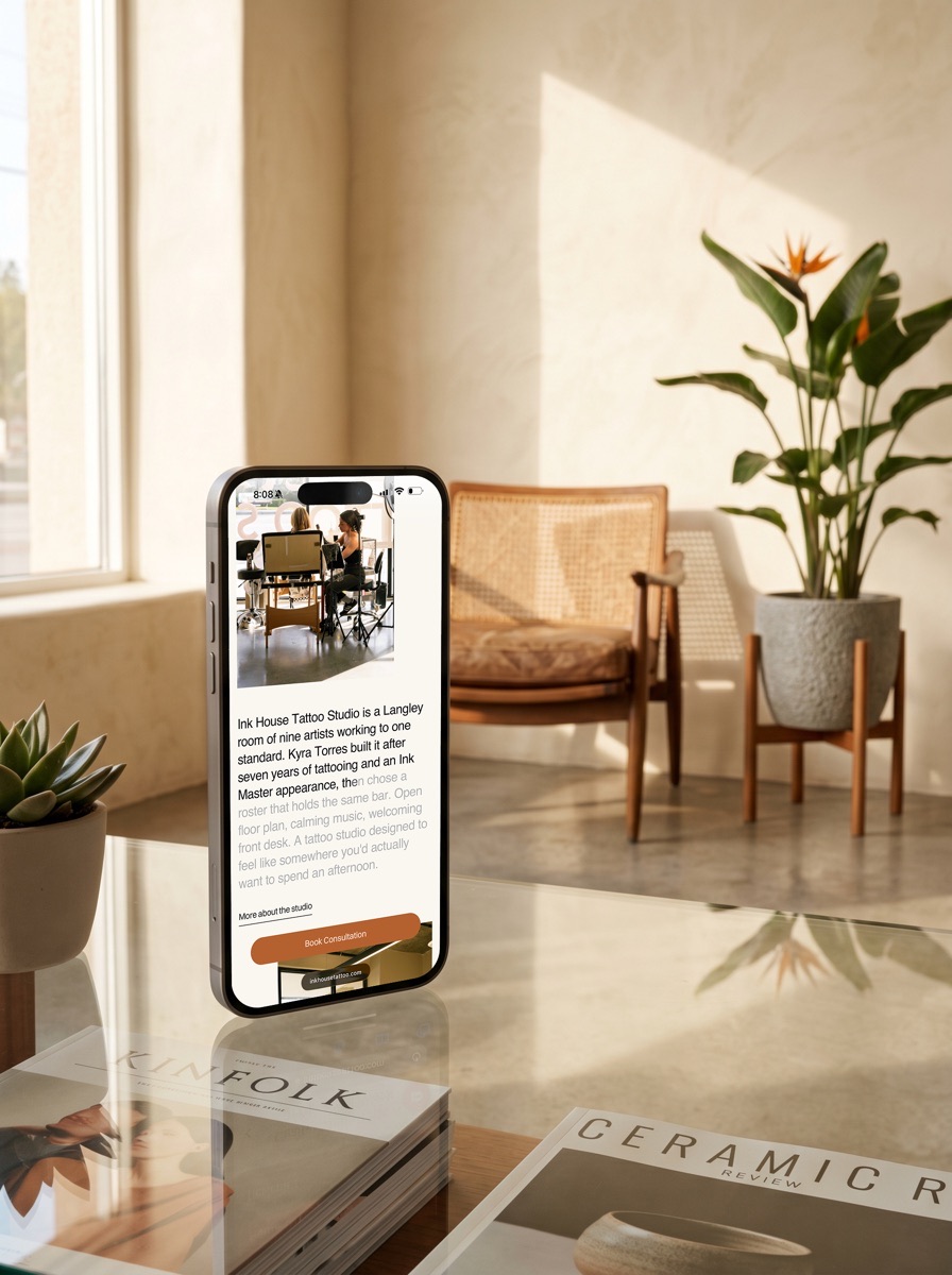 Ink House Tattoo Studio homepage on mobile